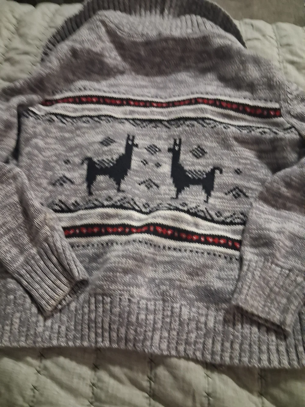 Kids Gray Shawl Collar Cardigan Sweater with Llama Pattern